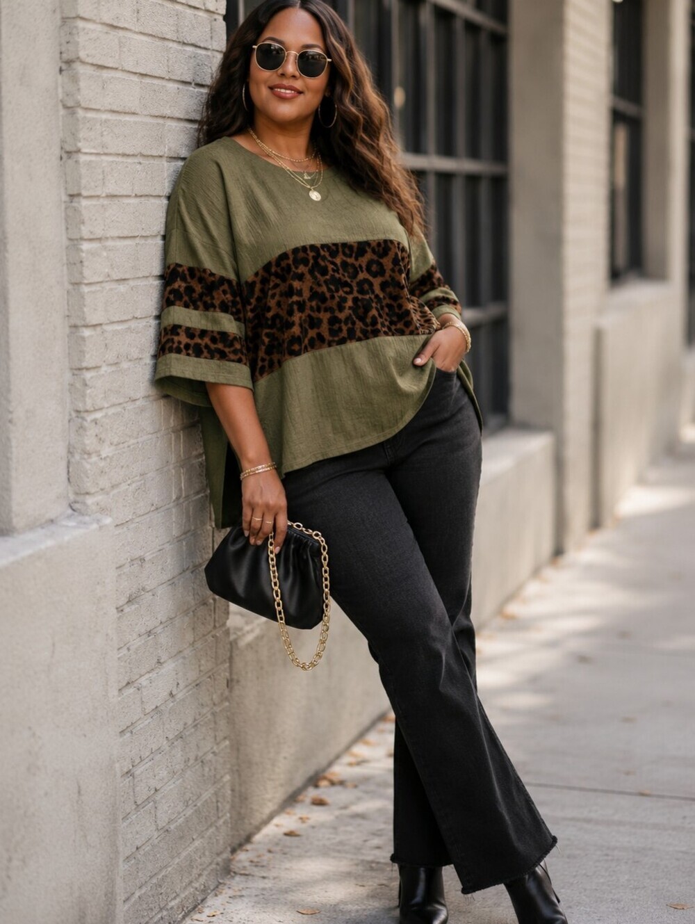 Olive Green Leopard Print Oversized Top – 1XL